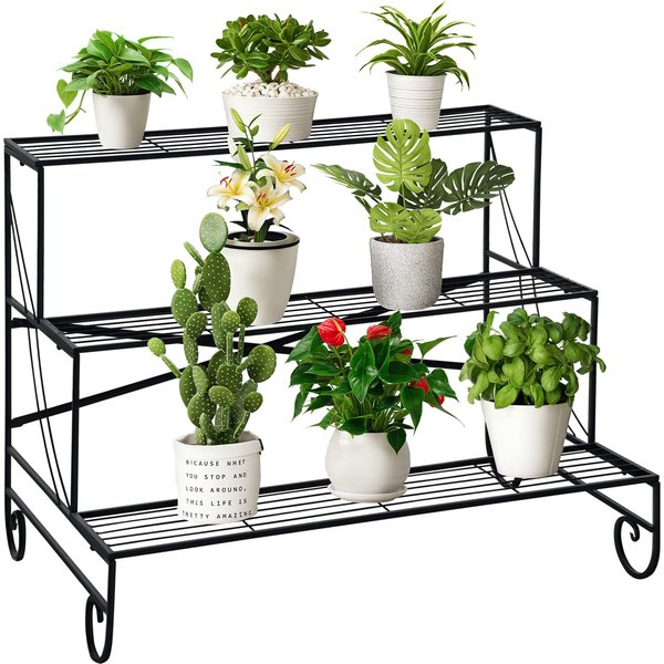 Outsunny Support Pour Plantes PréSentoir Avec éTagèRes En MéTal 3 Niveaux Forme Escalier IntéRieur/ExtéRieur Dim. 95L X 63L X 72H Cm Noir-Aosom.Fr-image
