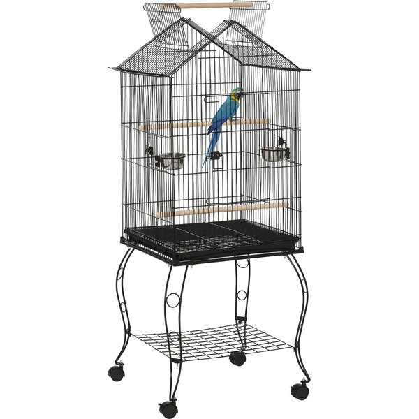 Pawhut Cage à Oiseaux Sur Pied Avec 2 Mangeoires Perchoirs Plateau Amovible PoignéE Et Roulettes 50 X 58 X 137/145 Cm Noir-image