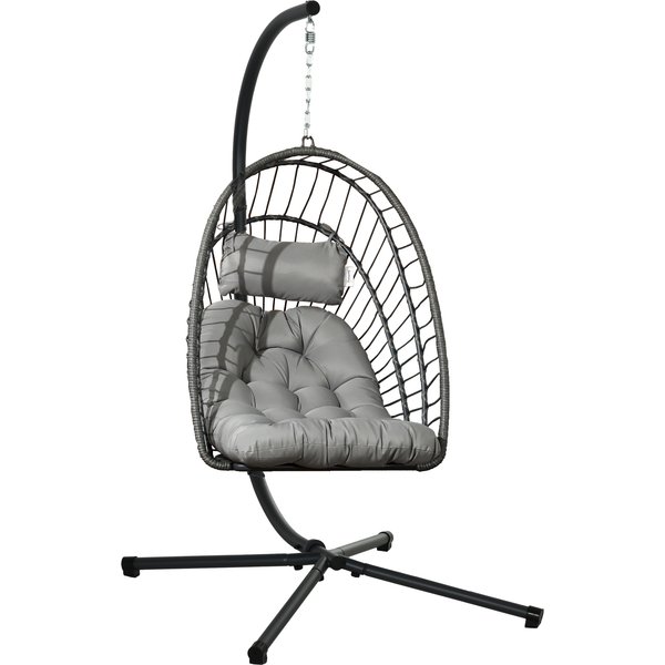 Outsunny Fauteuil Suspendu De Jardin Chaise Hamac RéSine TresséE Panier Pliable Avec Matelas Support En MéTal Et Appui-TêTe Gris-image