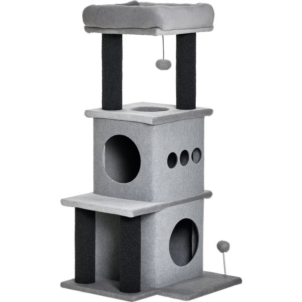 Pawhut Arbre à Chat Griffoir Chat 2 Grandes Niches Avec Housses Amovibles 4 Plateformes Jeu De Boule Suspendue Et Boule à Ressort Gris Aosom France-image