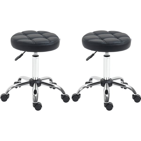 HOMCOM 2er-Set Salonhocker Rollhocker Drehhocker höhenverstellbar mit Rädern Kunstleder Schwarz Ø35,5x48-63cm für Friseursalons & Kosmetikstudios Aosom.de