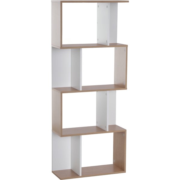 HOMCOM Bücherregal S-förmiges Standregal Lagerregal 4-stufige Vitrine mit Hardware-Schnalle moderner Raumteiler Spanplatte Naturholz+Weiß Aosom