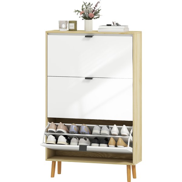 HOMCOM Schuhschrank platzsparend Slim mit 3 Klappentüren, Schuhschrank Eingang mit Verstellbaren Regalen auf 2 Ebenen und Erhöhter Basis, Schuhaufbewahrung für 24 Paar mit Griff, 80x24x127 cm, Glänzendes Weiß Aosom