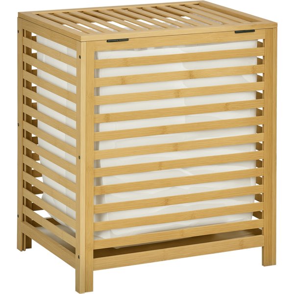 Homcom Panier à Linge Bambou Naturel Sac Tissu Amovible Couvercle 50L Aosom France-image