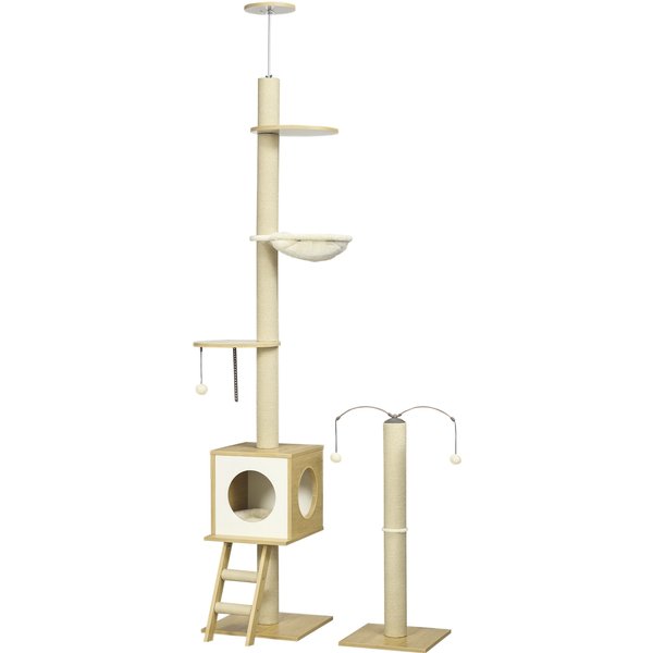 Pawhut Arbre à Chat Sol Au Plafond Hauteur RéGlable 225-285 Cm Avec Poteau à Gratter 4 Niveaux Niche Hamac éChelle Jeux Beige Aosom France-image
