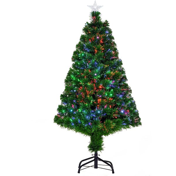 Homcom Sapin De NoëL Sapin Artificiel Lumineux 130 Branches Fibre Optique LED Multicolore + Support Pied Etoile Sommet Brillante Vert Aosom France-image