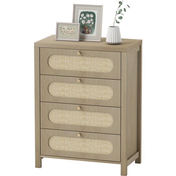 HOMCOM Kommode 4 Schubladen Aufbewahrungsmöbel im Bohème-Stil mit Türen aus geflochtenem Harz, goldenen Griffen, Kommode Schlafzimmer, Wohnzimmer - 70 x 38 x 93 cm, Naturholzoptik Aosom