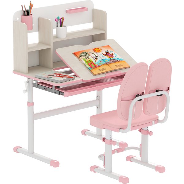 HOMCOM Kids Desk and Chair Set, Height Adjustable Kids School Desk & Chair Set w/ Shelves, Washable Cover, Anti-Slip Mat for Kids 3-12 Aosom UK