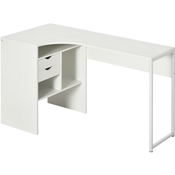 Homcom Bureau D'angle, Bureau Informatique Avec 2 Tiroirs Et 3 Compartiments Ouverts, 120 X 60 X 74 Cm, Blanc-image
