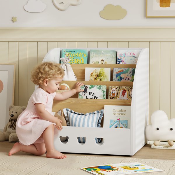 AIYAPLAY Kinderregal für Spielzeug Spielzeugorganisator mit 4 Ebenen und verstecktem Fach für das Kinderzimmer Spielzimmer Kindertagesstätte Weiß und Natur Aosom