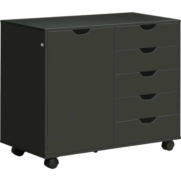 Homcom Caisson De Bureau Avec 5 Tiroirs 1 Porte éTagèRe RéGlable, Support Imprimante Sur Roulettes, 78X40X66,5 Cm, Noir-image