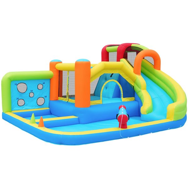 ChâTeau Gonflable Avec Soufflerie, Parc Aquatique Multifonctionnel Et Parc De Trampolines Pour Enfants Avec Toboggan Aquatique, Panier De Basket Et Mur D'escalade, 410X315X203 Cm, Bleu-image