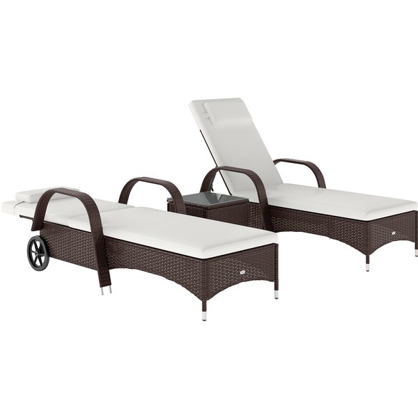 Outsunny Rattan Sun Loungers with Table, 3 Pieces Garden Wicker Recliner Outdoor Daybed w/Cushions Brown | Aosom Ireland