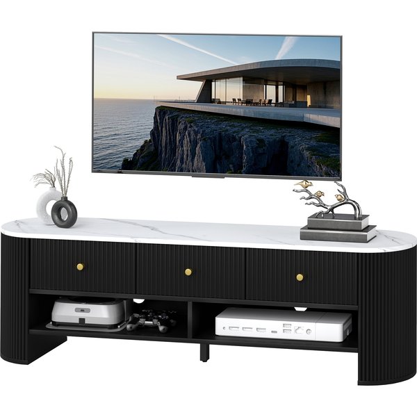 HOMCOM TV-Schrank 140 cm, TV-Rack für 32-65 Zoll Fernseher mit Marmoreffekt, 3 Schubladen mit gerillten Fronten, 2 offene Regale und 2 Kabeldurchführungen, modernes TV-Bank, grau Aosom