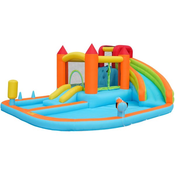 ChâTeau Gonflable Multifonctionnel Avec Toboggan Aquatique, Trampoline, Panier De Basket Et Pistolet à Eau, Pour Utilisation SèChe Et Humide, 460X343X190 Cm, Orange-image