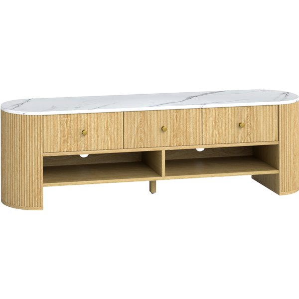 Homcom Meuble Tv 140 Cm, Meuble TéLé Pour TéLéViseur 65 Pouces Effet Marbre 3 Tiroirs FaçAdes à Cannelures Effet Bois Naturel-image