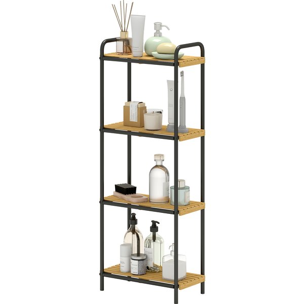 HOMCOM Bambus Badezimmerregal mit 4 Ebenen Lagerregal mit 4 offenen Regalen Lamellendesign und Stahlstruktur für Küche Badezimmer Wohnzimmer 41,5x21,5x106 cm Natur und Schwarz Aosom