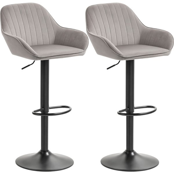 HOMCOM Set aus 2 Barhockern, moderne Barhocker aus Samt mit Rückenlehne und Fußstütze, höhenverstellbar und um 360° drehbar, für Küche, Theke, Grau Aosom