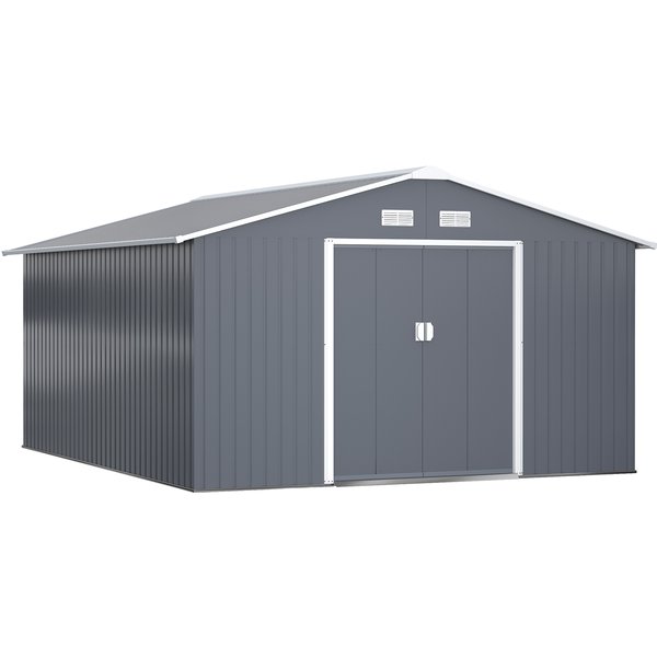 Outsunny 13 x 11ft Foundation Ventilation Steel Outdoor Garden Shed Grey