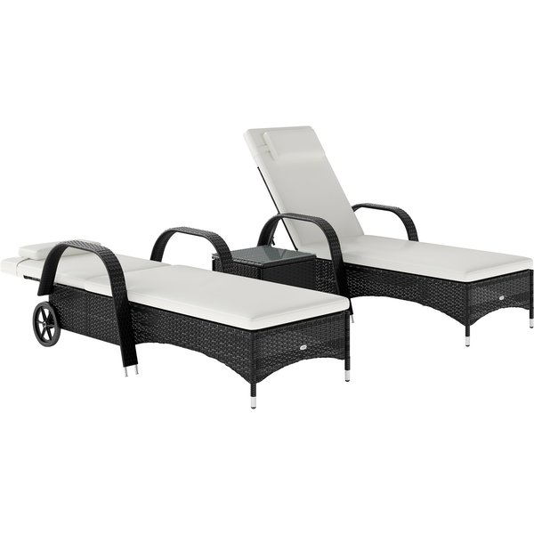 Outsunny 3 Pieces Patio Lounge Chair Set Garden Wicker Wheeling Recliner Outdoor Daybed, PE Rattan Lounge Chairs w/ Cushions & Side Coffee Table Black