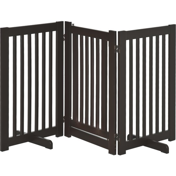 PawHut Pet Gate Freestanding Dog Gate For Stairs Wood Doorway Safety Pet Barrier Fence Foldable w/ Latch Feet Deep Brown, 155 x 76 cm | Aosom Ireland