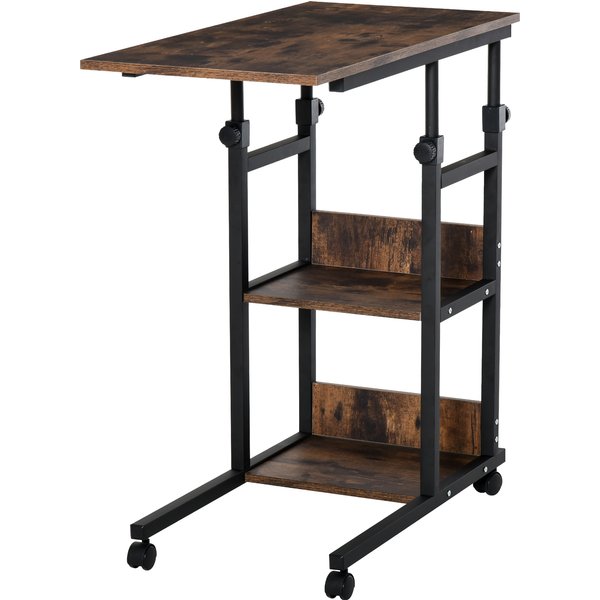 HOMCOM Industrial C-Shaped End Tables, Mobile Overbed Table with 3-Tier Storage, Adjustable Height, Wheels, Brown | Aosom Ireland