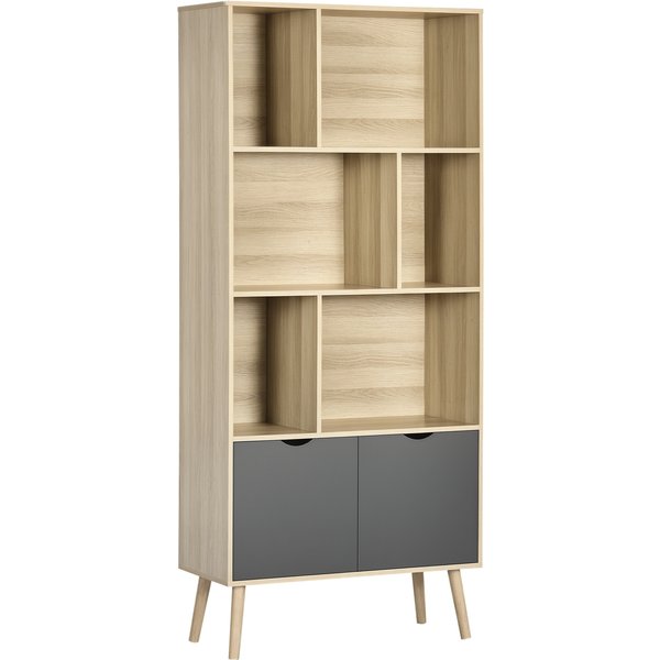 Homcom BibliothèQue éTagèRe Meuble De Rangement Placard 6 éTagèRes Dim. 80L X 35L X 180H Cm Naturel Et Gris Foncé-image