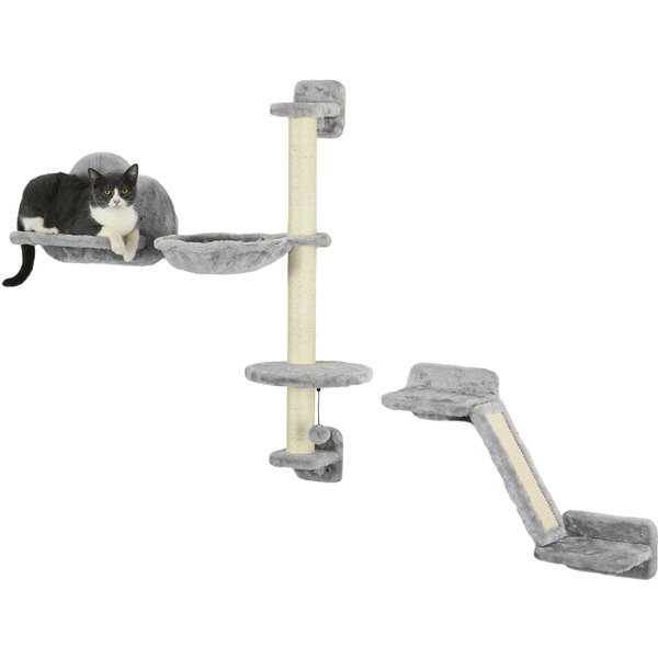 PawHut Cat Shelves Fit Cat Up to 5kg, 3-Piece Set with Hammock, Jumping Platform, Ladder, Scratching Post, Safe for Cats to Play, Grey Aosom UK