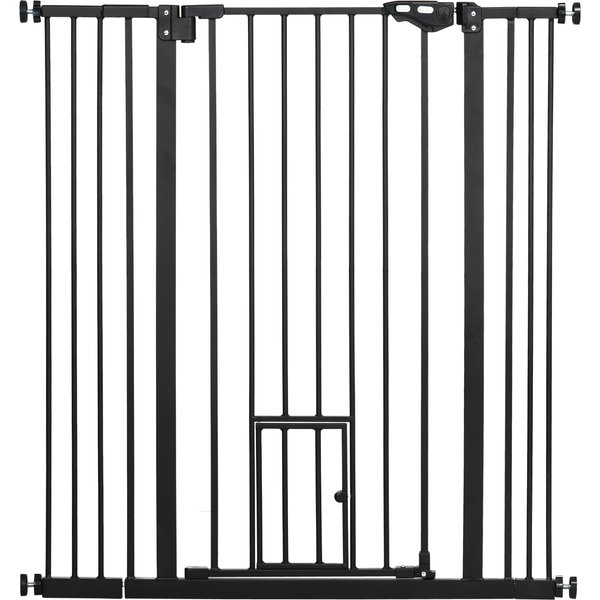 PawHut Extra Tall Pet Gate, Indoor Dog Safety Gate, with Cat Flap, Auto Close, 74-101cm Wide - Black | Aosom Ireland