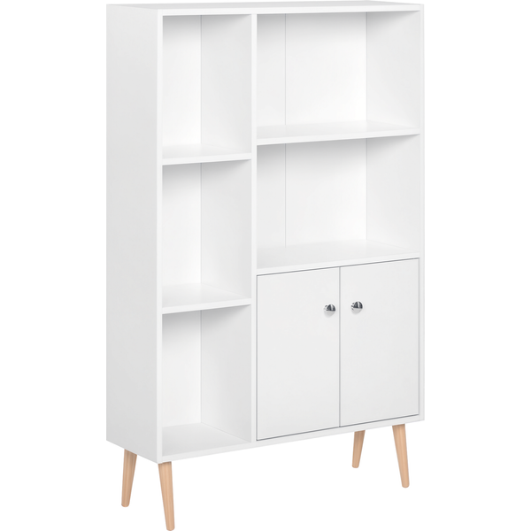 Homcom BibliothèQue Scandinave Dim. 80L X 23,5L X 123H Cm 5 Niches Placard 2 Portes Pieds EffiléS InclinéS Bois Massif Panneaux Particules Blanc-image