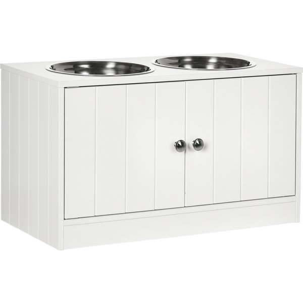 Pawhut Gamelle SuréLevéE Double En Bois Blanc Grande Capacité Avec 2 Bols Inox 2L Pour Chiens/Chats Aosom France-image
