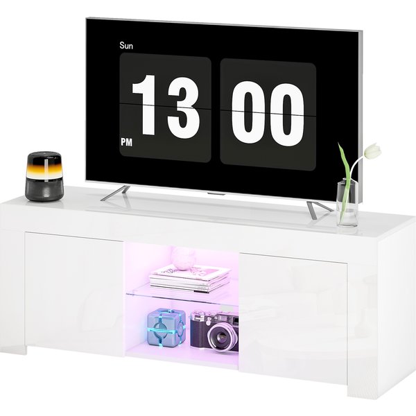 Homcom Meuble Tv Avec éClairage Led, 2 Portes D'armoire, éTagèRe En Verre, Passes-CâBles, Pour Salon, AggloméRé, Blanc-image