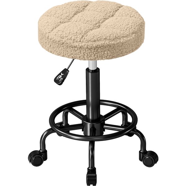 HOMCOM Drehbarer Runder Hocker mit Rollen, Höhenverstellbar 50-66 cm, Sitzbezug aus Frotteestoff für Salons, Werkstätten, Spa, Massage Hellbraun Aosom