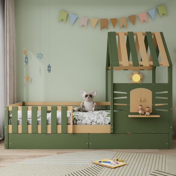 3ft Single Bed with 2 Storage Drawers, Safety Guardrail, Children's Wooden Bed with Faux Roof Design, 197.5L x 97W x 166H cm, Green+Natural Aosom UK