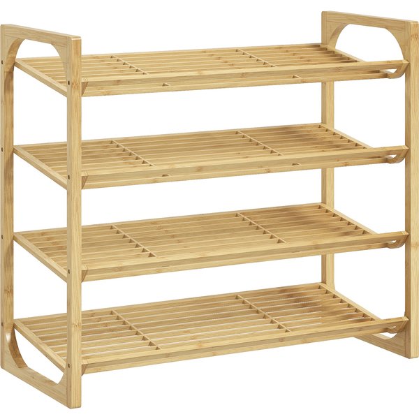 Homcom ÉTagèRe à Chaussures à 4 Niveaux, Rangement Chaussures 12 Paires Au Design à Lattes, Bambou, 76X33X67Cm, Bois Naturel-image