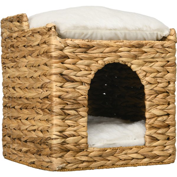 PawHut Rattan Katzenhöhle 2-Ebenen Kissen Wasserhyazinthe Braun bis 5kg Aosom