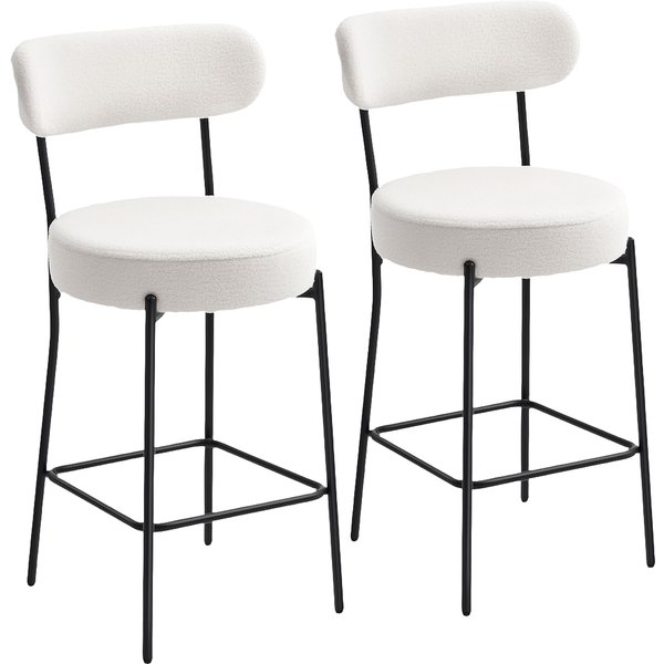 HOMCOM Set aus 2 Barhockern aus Bouclé-Stoff, Sitzfläche 68H cm, Barhocker, breite Sitzfläche, gebogene Rückenlehne, Fußstütze, Stahlbeine, Küchenhocker, Esszimmer, Theke, Creme Aosom