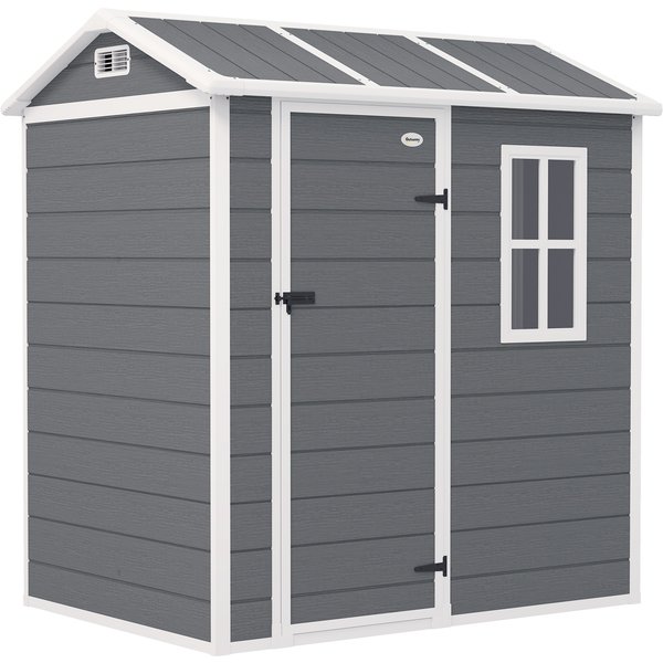 Outsunny Gerätehaus Kunststoff 2,1m² 186 x 130 x 199cm Geräteschuppen mit Satteldach Boden Fenster Abschließbarer Tür wetterfest Gartenhaus Outdoor Garten Schuppen für Hinterhof Grau Aosom