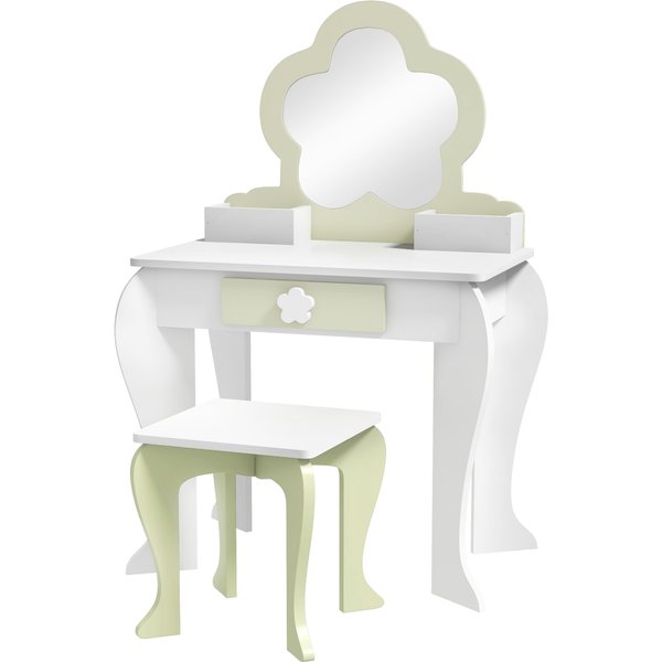 Zonekiz Ensemble Coiffeuse Pour Fillette Avec Miroir De Maquillage Et Tabouret Assorti En Bois, Tiroir Et Contenants, Blanc-image