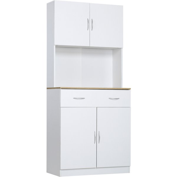 Homcom Buffet Haut Cuisine, Armoire De Cuisine, 4 Portes, Tiroir, Plan De Travail Et éTagèRes RéGlables, 80X40X180Cm, Blanc-image