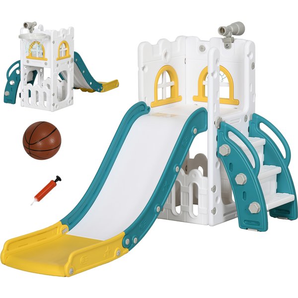 Aiyaplay Toboggan Pour Enfants 4 En 1 Avec Panier De Basket, Escalade, TéLescope, Panier De Rangement, Blanc Et Vert-image