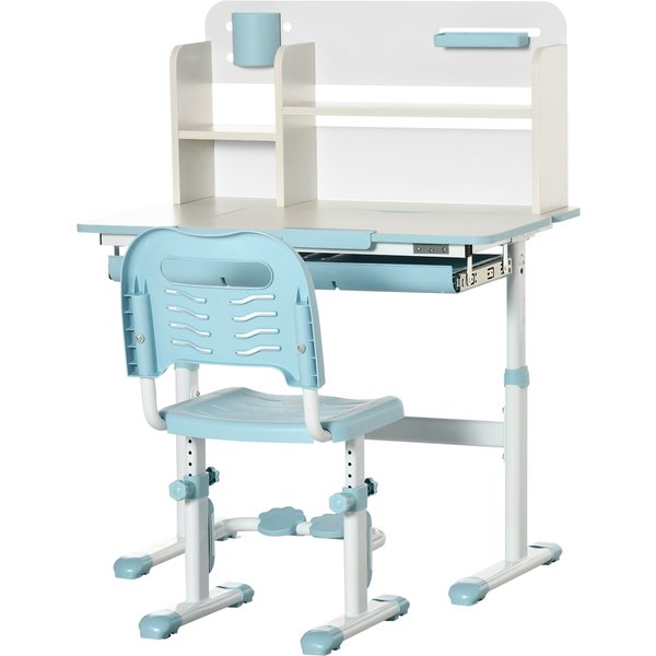 Homcom Ensemble Bureau Et Chaise Pour Enfants à Partir De 3 Ans RéGlable, Table Inclinable à 60° Avec Tiroir Et ÉTagèRes, Bleu-image