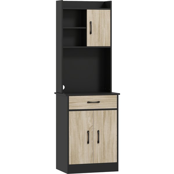 HOMCOM Hochschrank Küche, Küchenschrank, Vitrine mit Schublade, 3 Türen, offene Regale und Arbeitsplatte, Aufbewahrungsschrank für Wohnzimmer, Esszimmer, 60 x 40 x 180 cm, Naturholz Aosom