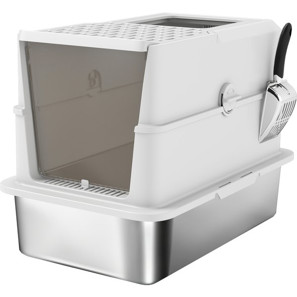 PawHut Bac à LitièRe Pour Chat Fermé, Maison De Toilette Pour Chat En Acier Inoxydable, 60,2 X 40,2 X 43,7 Cm, Gris Clair-image