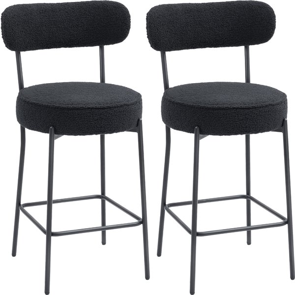 HOMCOM Barhocker 2er Set Barstühle, Küchenstühle mit Fußstütze, Lehne, Fleece-Optik, 68 cm Sitzhöhe Gepolstert Tresenhocker mit Stahlgestell für Küche, Esszimmer, Wohnzimmer Schwarz Aosom