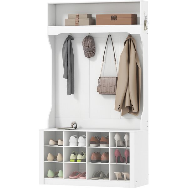 Homcom Porte-Manteau Avec éTagèRe, Banc, Crochets, Compartiments à Chaussures, Panneaux De Particules, Mdf, Blanc-image