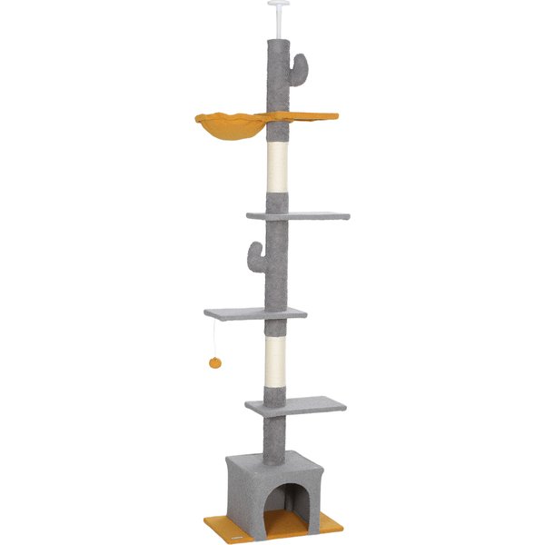 PawHut Kratzbaum vom Boden bis zur Decke, Höhe 275 cm, Katzenspielplatz, 6 Ebenen, mit Plattformen, Häuschen, Hängematte, Ball, Kratzbretter, zum Klettern, Kratzen und Spielen, Hellgrau Aosom