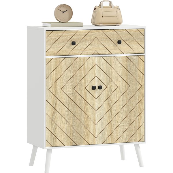 Homcom Meuble à Chaussures D'entréE Avec 2 Portes ÉTagèRes RéGlables Tiroir Pour 12 Paires De Chaussures 75X35X97 Cm Blanc Et Naturel-image