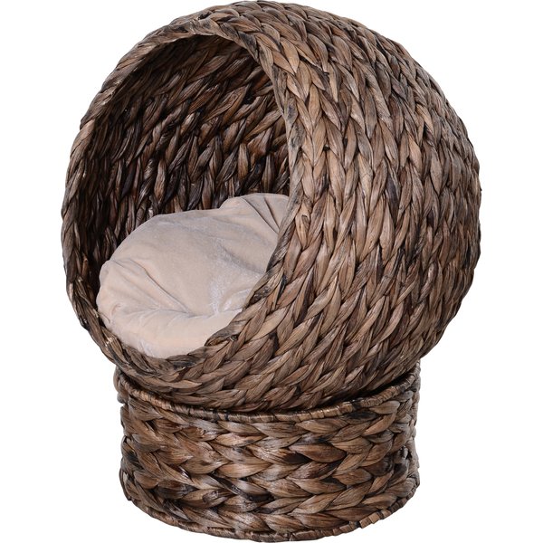 PawHut Water Hyacinth Cat Basket with Cushion, Cat Bed, Pet Bed, 50 cm x 42 cm x 60 cm, Brown + Beige | Aosom Ireland