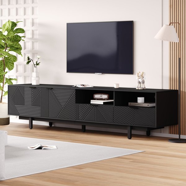 Modern Bohemian TV Cabinet with Sturdy and Durable Construction, Geometric Lines TV Stand for Living Room, 200L x 40W x 51H cm, Black Aosom UK